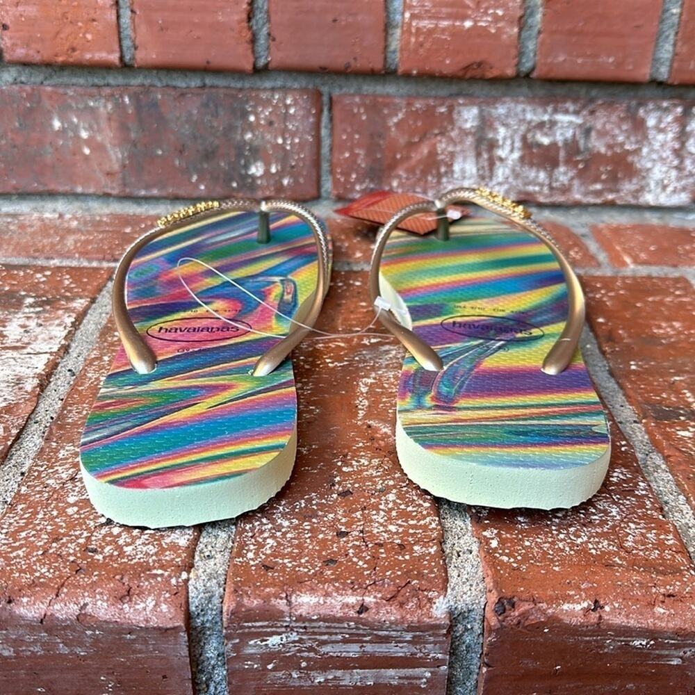 NWT Havaianas Slim Iridescent Flip Flop Sandals Lime Green Women’s Size 9/10 New - Picture 4 of 7